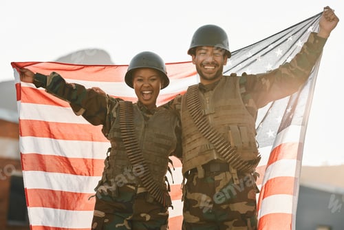 Preview: Army team, portrait of man and woman with American flag, solidarity and pride together at war time.