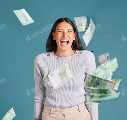Preview: Money, cash and bonus success of a woman with wealth, business growth and financial increase lookin