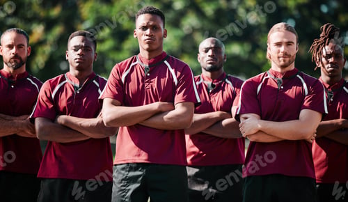 Preview: Team, men and standing for rugby in portrait with arms folded, united and determined with mindset t