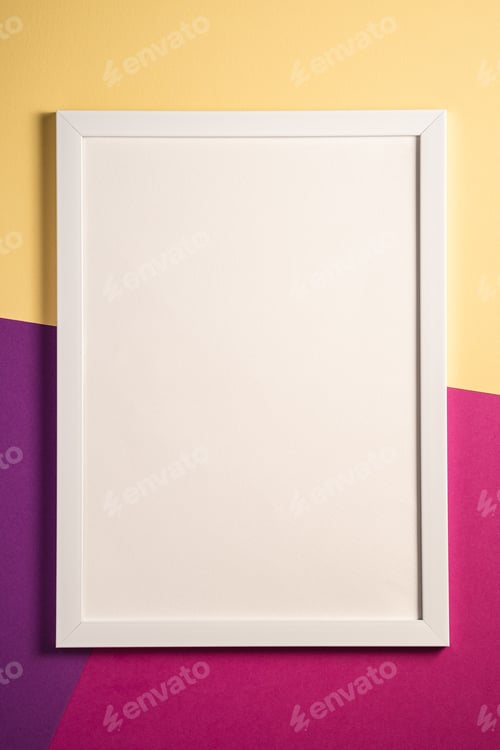 Preview: White picture frame with empty template, cream, purple and pink colored background, mockup card