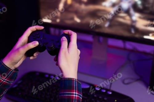 Preview: Gamer playing video game, holding joystick, free space