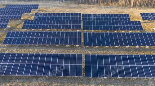 Preview: High angle shot of solar panels in lines in the natural landscape