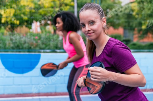 Preview: Young women playing pickleball outdoors, multiethnic friends enjoying sport