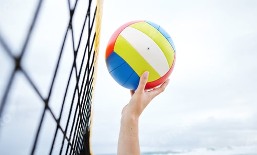 Preview: Hands, fitness and beach net volleyball with woman scoring goals in competition, game or match. Spo