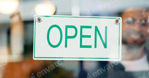 Preview: Storefront, small business or open sign on window in coffee shop or restaurant for service or adver