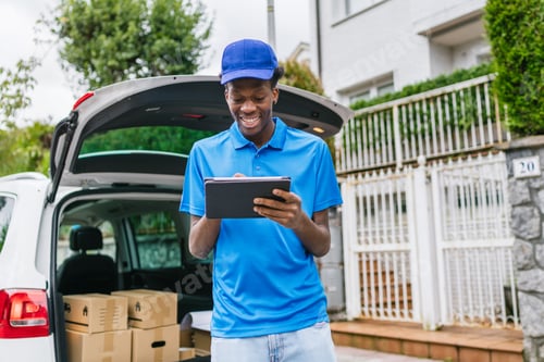 Preview: Delivery worker using a tablet to track packages near a vehicle full of boxes.
