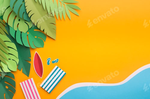 Preview: Tropical island with monstera leaves and beach near the sea