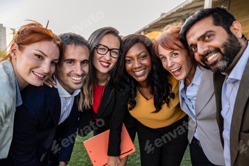 Preview: Happy excited diverse business team, mixed race employees