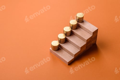Preview: Conceptual composition of wooden steps with coins, model of a house
