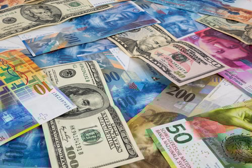 Preview: USD and CHF banknotes as background