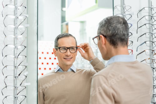 Preview: smiling caucasian man choosing pair of eyeglasses in optics