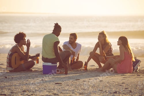 Preview: Front view of young group of diverse friends having fun at beach in the sunshine