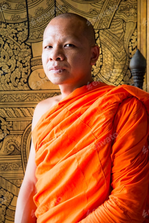 Preview: Monk in orange robe against decorative backdrop