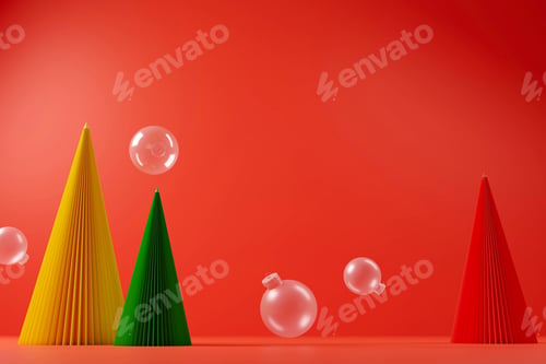 Preview: 3d Christmas fir tree decorated with balls, isolated on red background.