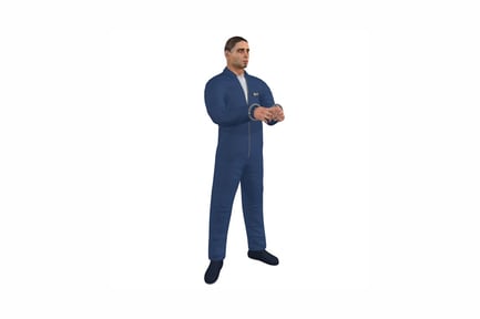 Preview: Man in blue jumpsuit with clasped hands