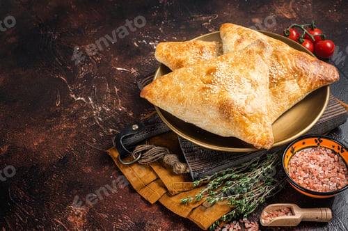 Preview: Samsa with chicken and cheese, samosa oriental pies. Dark background. Top view. Copy space