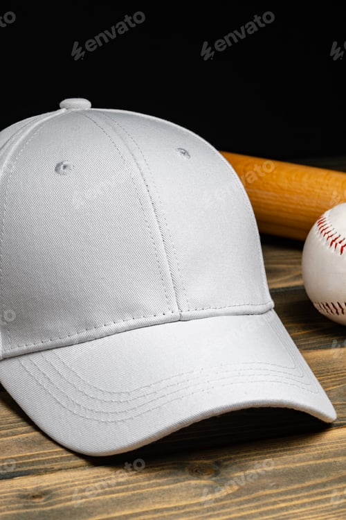 Preview: Baseball cap, ball and bat on wooden background