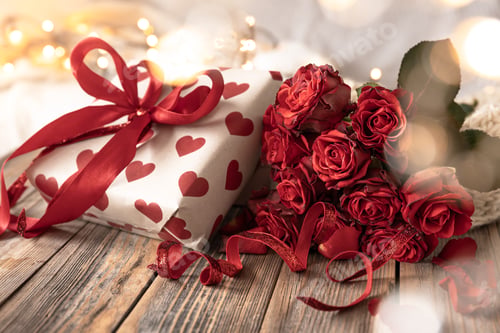 Preview: Composition for Valentine's Day with a gift box and a bouquet of roses.