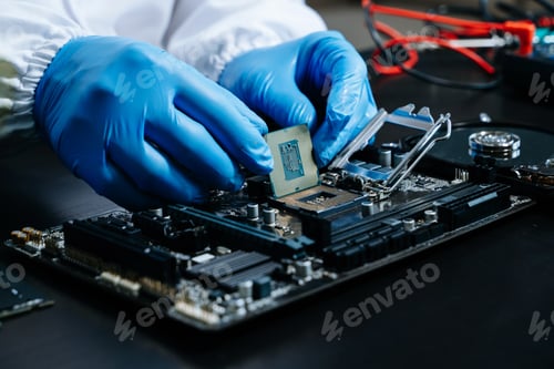 Preview: The technician is putting the CPU on the socket of the computer motherboard. electronic engineering