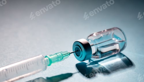 Preview: Vaccine vial dose and syringe against gray blue background