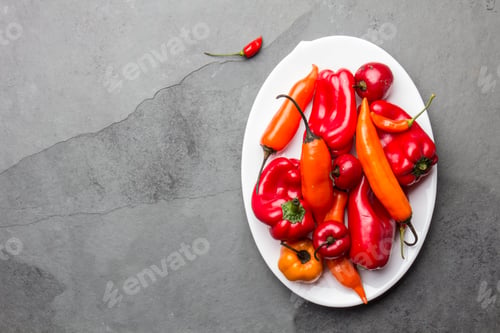 Preview: Chili and bell pepper on white plate, slate background, top view