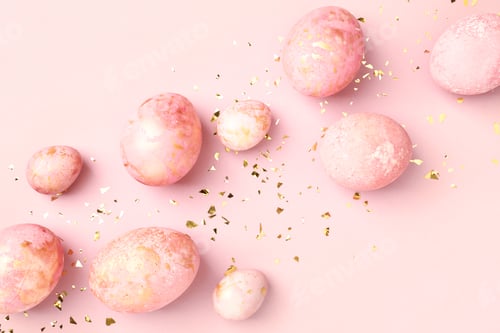 Preview: Easter eggs and confetti on pink background, Easter greeting card.