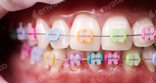 Preview: Macro snapshot of white teeth and ceramic braces with colorful rubber bands on them