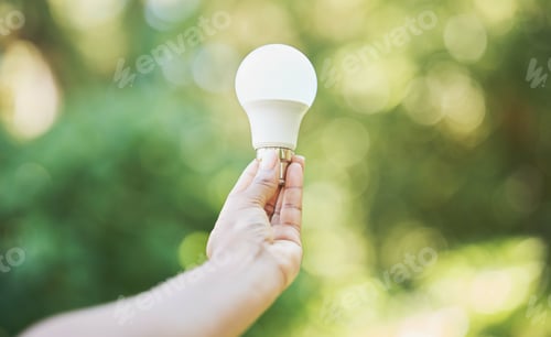 Preview: Nature, renewable energy and eco friendly lightbulb in garden and innovation, saving the planet and