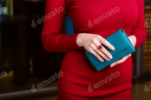 Preview: fashionable woman holding wallet.