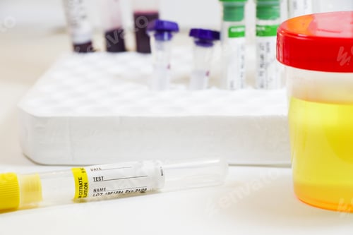 Preview: Selective focus shot of urine on a sterile container and yellow empty test tube in the laboratory