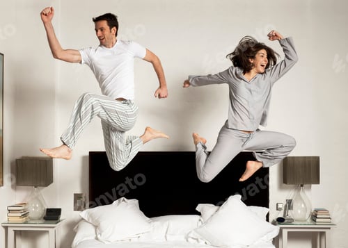 Preview: couple leaping out of bed