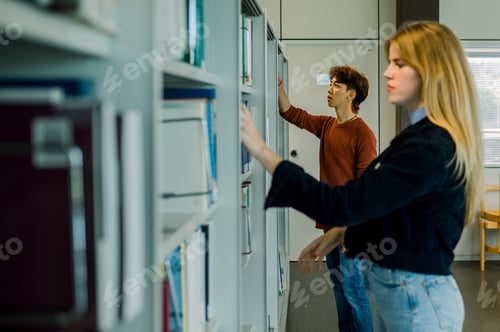 Preview: Young woman standing at bookshelf and searching for book