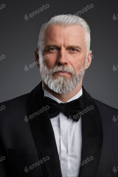Preview: The distinguished old man stands confidently in a black suit