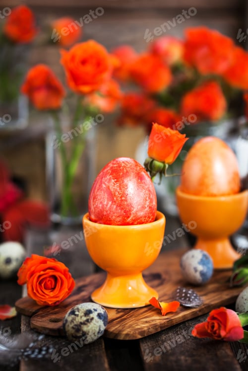 Preview: Easter colorful painted eggs and flowers