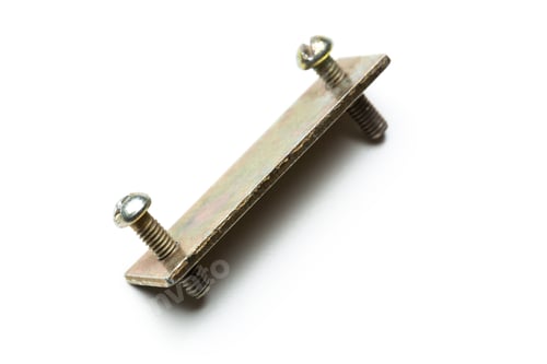 Preview: Metal connector piece with screws on a plain white background for hardware assembly