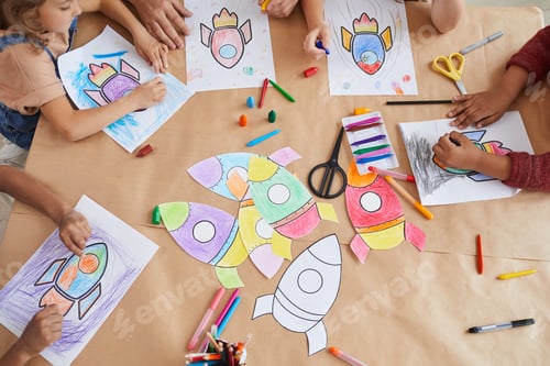 Preview: Children Drawing Space Rockets Above View