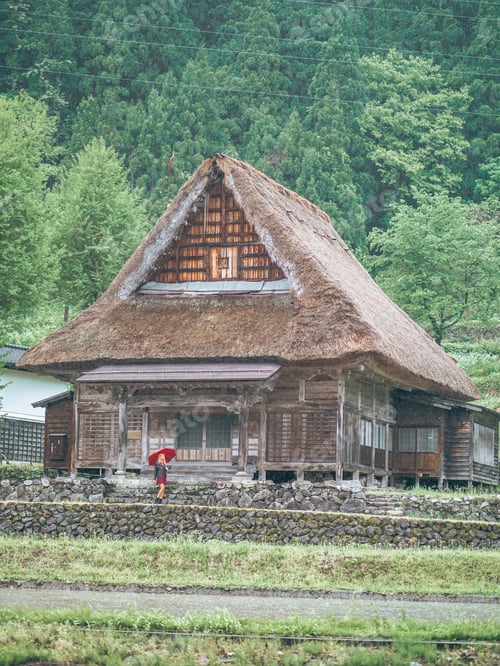 Preview: Woman with red umbrella next to wooden hut in ainokura gassho-zu