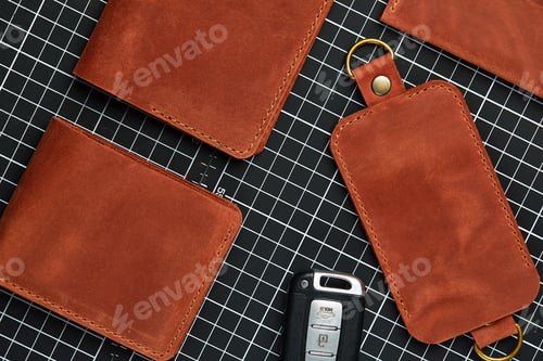 Preview: shot from above set of covers for modern gadgets in red leather, handmade accessories merchandising