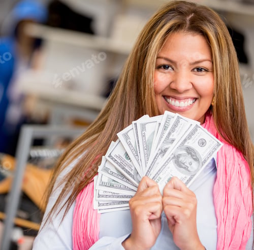 Preview: Rich Shopping Woman Smiling And Holding A Bunch Of Money