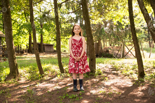 Preview: A girl in a summer dress standing in a grove of trees.