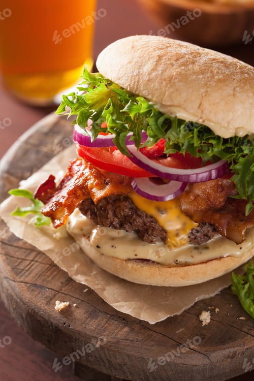 Preview: bacon cheese burger with beef patty tomato onion beer