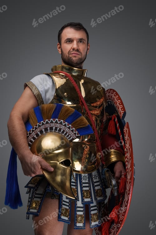 Preview: Antique greek commander with bronze armor and plumed helmet