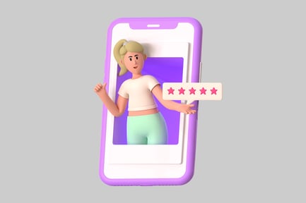 Preview: Illustration of a woman standing inside a smartphone with a rating system.