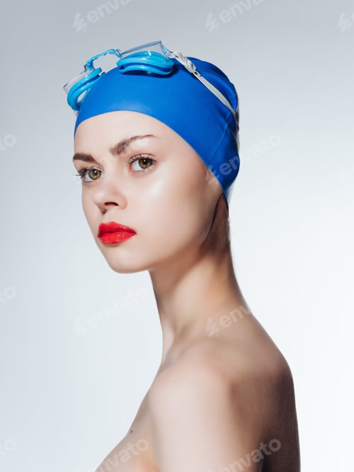 Preview: sporty woman with red lips cap for swimming workout emotions