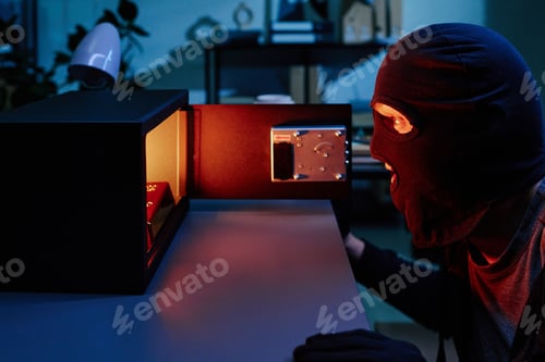 Preview: Masked Young Adult Man Stealing Jewelry from Safe in Office at Night