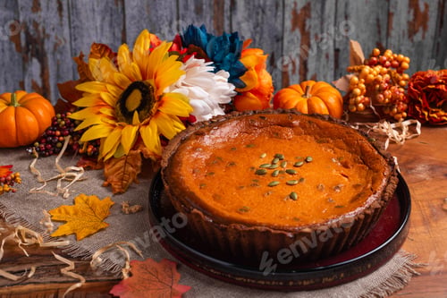 Preview: Pumpkin pie on table with autumn decorations. Thanksgiving Day.