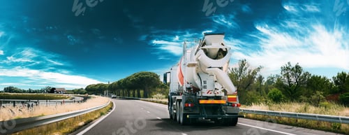 Preview: Concrete Transport Truck In-transit Mixer Unit In Motion On Country Road, Freeway. Freeway Motorway