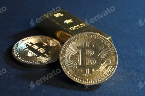Preview: Bitcoins and gold bar on blue background, closeup