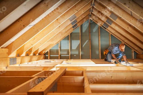 Preview: A Carpenter Working on an Attic Renovation Project With Natural Light Streaming Through the Beams