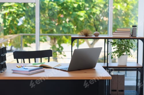 Preview: Home workspace. Modern laptop and stationery on wooden desk indoors